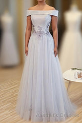 Gray A Line Off Shoulder Floor Length Evening Prom Dresses, Lace Evening Prom Dresses